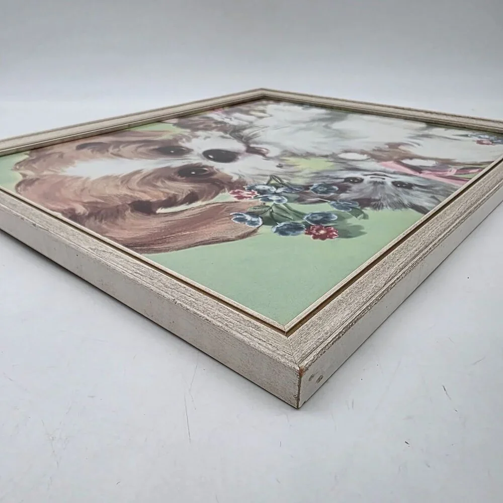 Vintage Framed Puppy & Kittens Print Wall Art Retro Illustration Wooden Frame 50